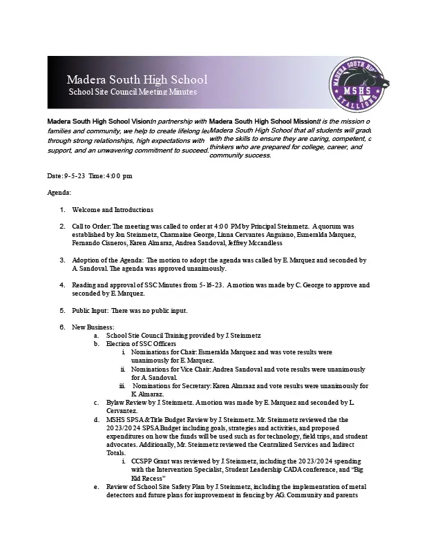 September 5, 2023 MSHS SSC meeting minutes