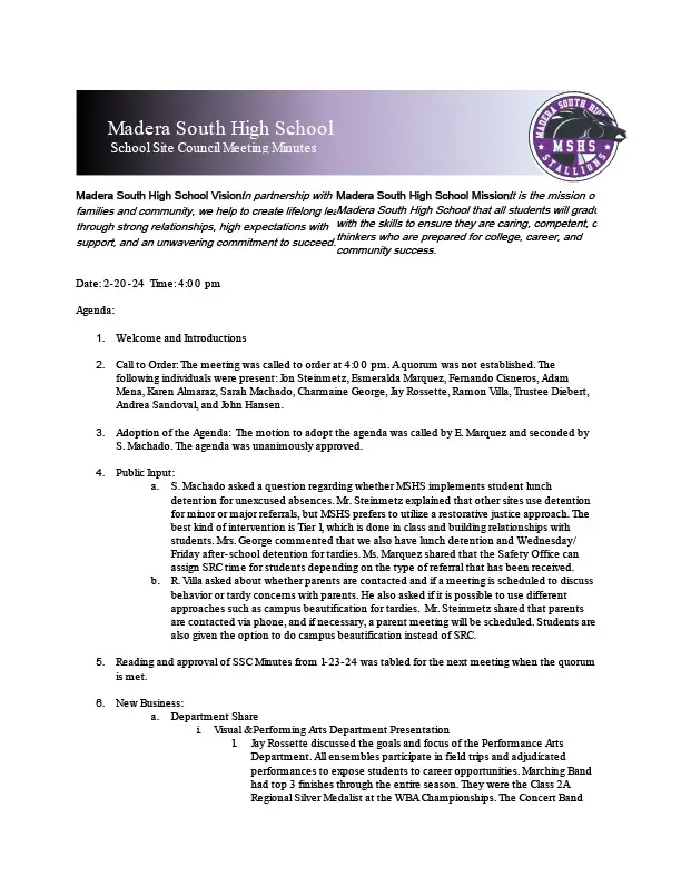 February 20, 2024 MSHS SSC meeting minutes