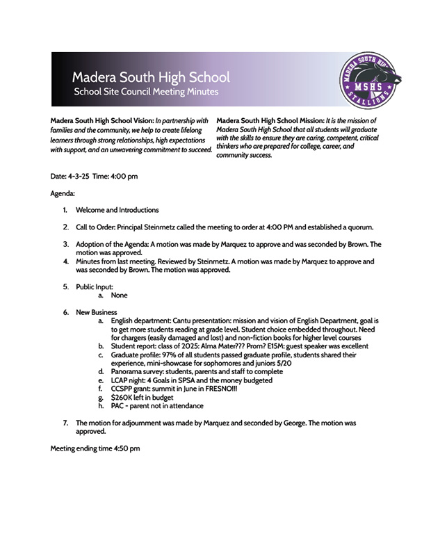 MSHS SSC April 3, 2025 meeting minutes image