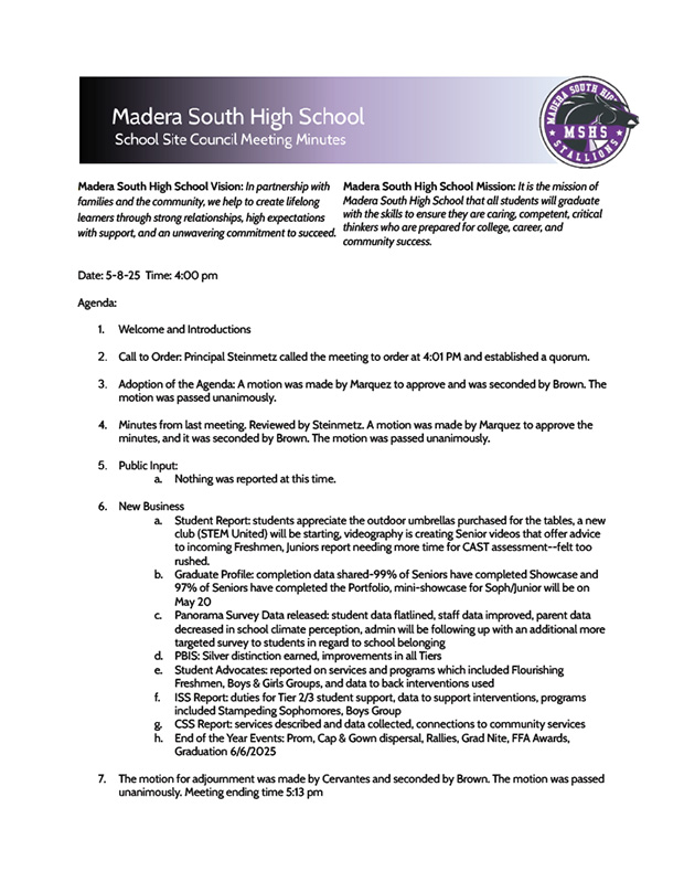 MSHS SSC May 8, 2025 meeting minutes image